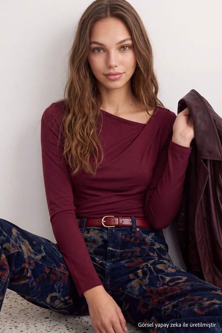 TRENDYOLMİLLA Damen Bordeaux Einfarbig Lang Tailliert Blusen - Image 2