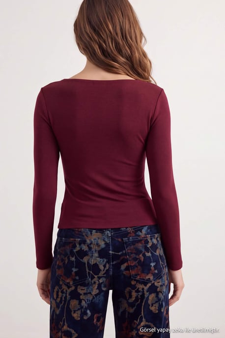 TRENDYOLMİLLA Damen Bordeaux Einfarbig Lang Tailliert Blusen - Image 4