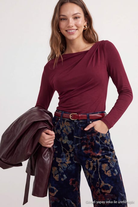 TRENDYOLMİLLA Damen Bordeaux Einfarbig Lang Tailliert Blusen - Image 6