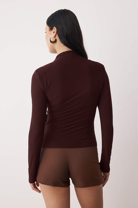 TRENDYOLMİLLA Damen Braun Einfarbig Lang Tailliert Blusen - Image 3