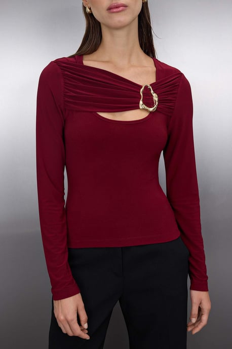 TRENDYOLMİLLA Damen Bordeaux Einfarbig Lang Tailliert Blusen - Image 2