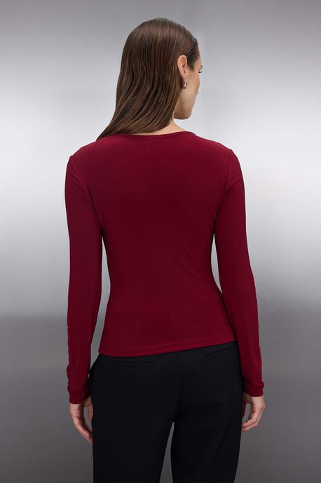 TRENDYOLMİLLA Damen Bordeaux Einfarbig Lang Tailliert Blusen - Image 3