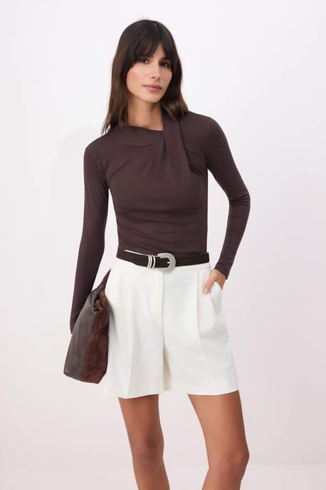 TRENDYOLMİLLA Damen Braun Einfarbig Lang Tailliert Blusen - Image 4