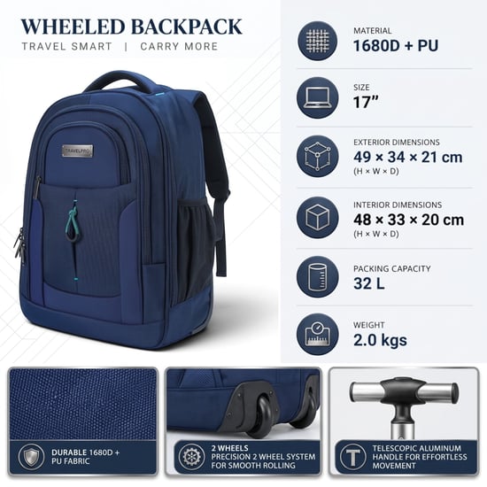17" Laptop-Rollrucksack Blau, 1680D + PU, 2 Rollen, Trolley-Rucksack - Image 3