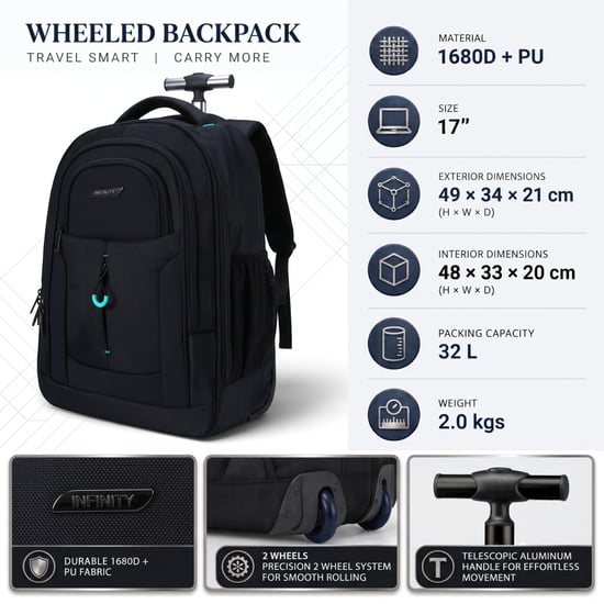 17" Laptop-Rollrucksack Schwarz, 1680D + PU, 2 Rollen, Trolley-Rucksack - Image 3