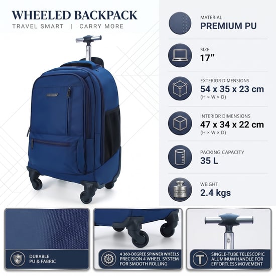 19" Laptop-Rollrucksack Blau, Premium-PU, 4 Rollen, Trolley-Rucksack - Image 2