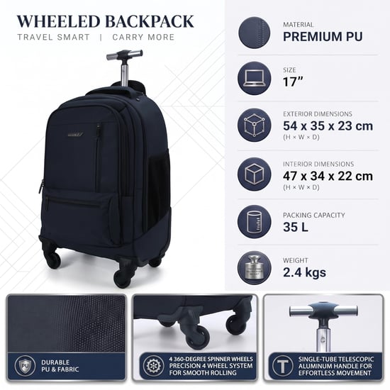 19" Laptop-Rollrucksack Schwarz, Premium-PU, 4 Rollen, Trolley-Rucksack - Image 2