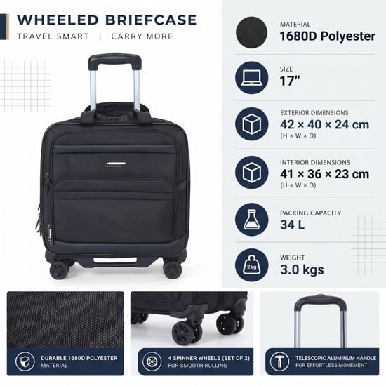 17" Laptop-Rollenaktenkoffer Schwarz, 1680D-Polyester, 4 Rollen, Businesstasche - Image 2