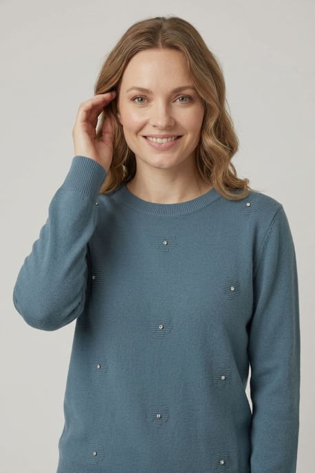 Izabel London Mehrfarbiges blaues Blumenmuster-Strickoberteil mit Schmucksteinen - Image 2