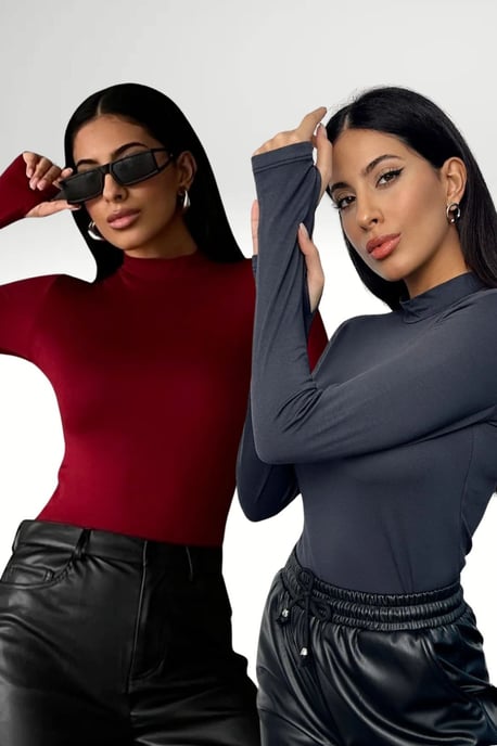 Bipantolon Damen 2er-Pack Bodys mit Cut-out und halbem Rollkragen - Image 1