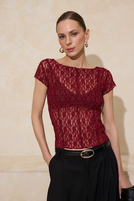TRENDYOLMİLLA Damen Bordeaux Einfarbig Kurz Tailliert Blusen - Image 6