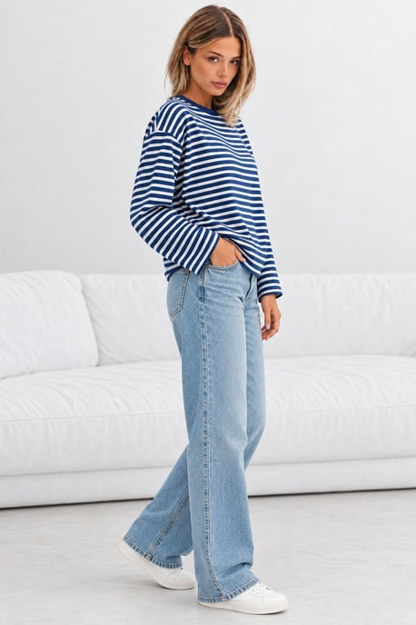 Bipantolon Damen Oversize-Sweatshirt mit Streifen und Rundhalsausschnitt - Image 4