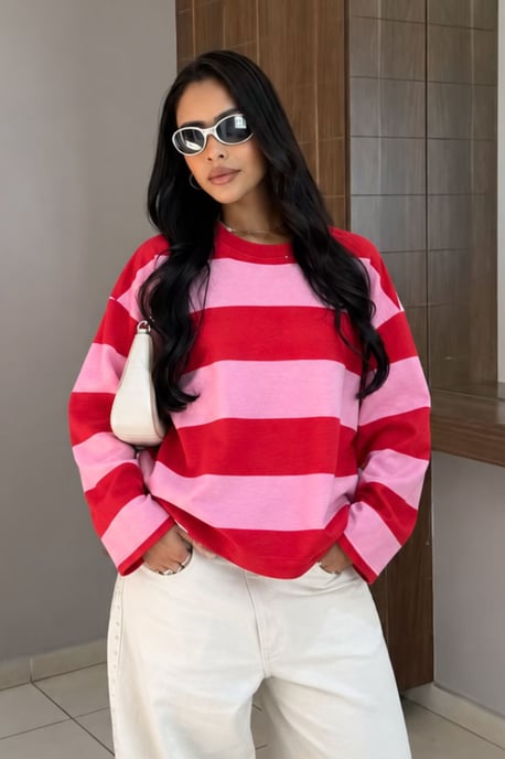 Bipantolon Damen Oversized Sweatshirt mit Streifen und Rundhalsausschnitt - Image 1