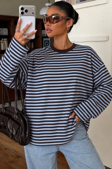 Bipantolon Damen Oversized Sweatshirt mit Streifen und Rundhalsausschnitt - Image 1