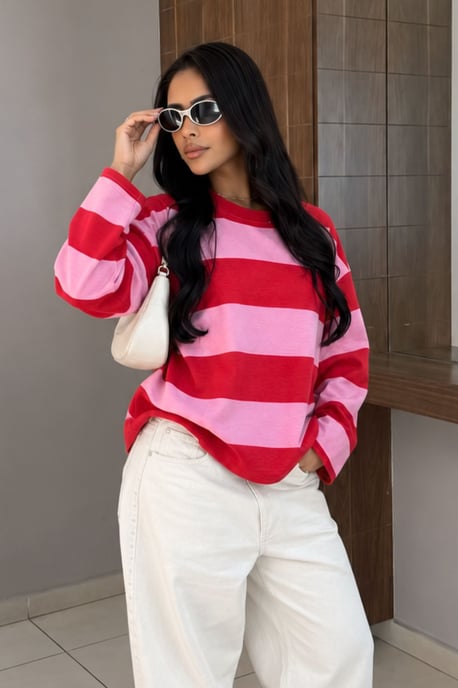 Bipantolon Damen Oversized Sweatshirt mit Streifen und Rundhalsausschnitt - Image 2