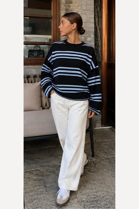 Bipantolon Oversized Damen-Sweatshirt mit Streifen und Rundhalsausschnitt - Image 2
