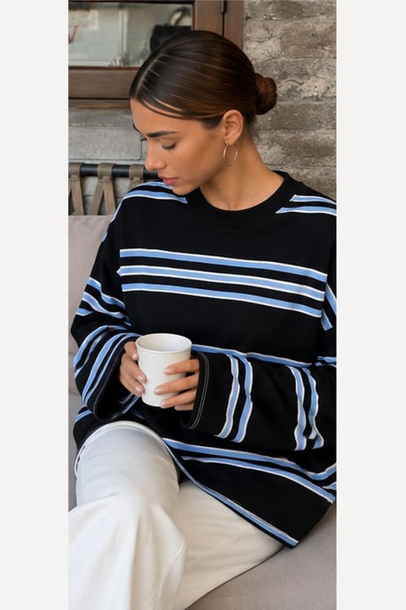 Bipantolon Oversized Damen-Sweatshirt mit Streifen und Rundhalsausschnitt - Image 4
