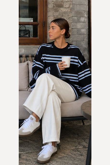 Bipantolon Oversized Damen-Sweatshirt mit Streifen und Rundhalsausschnitt - Image 6