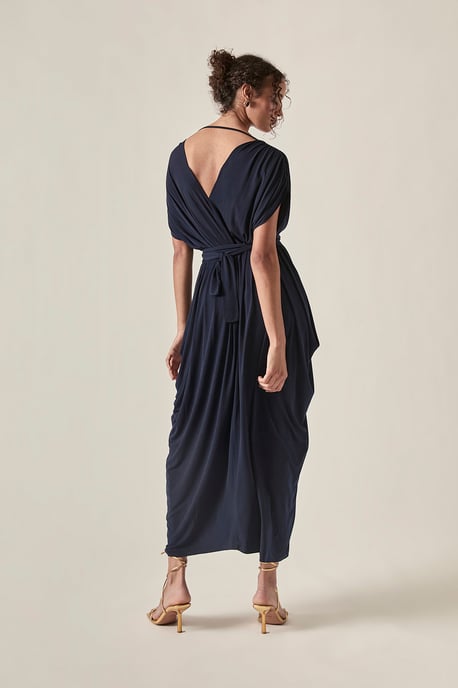 Drapiertes Midikleid mit offenem Rücken – Marineblau - Image 2