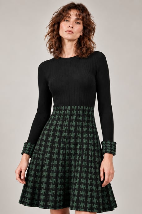 Grünes und schwarzes Hahnentritt-Strickkleid - Image 3
