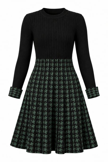Grünes und schwarzes Hahnentritt-Strickkleid - Image 5