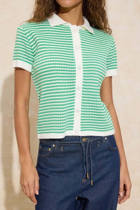 TRENDYOLMİLLA Damen Grün Gestreift Kurz Regular Fit Blusen - Image 2