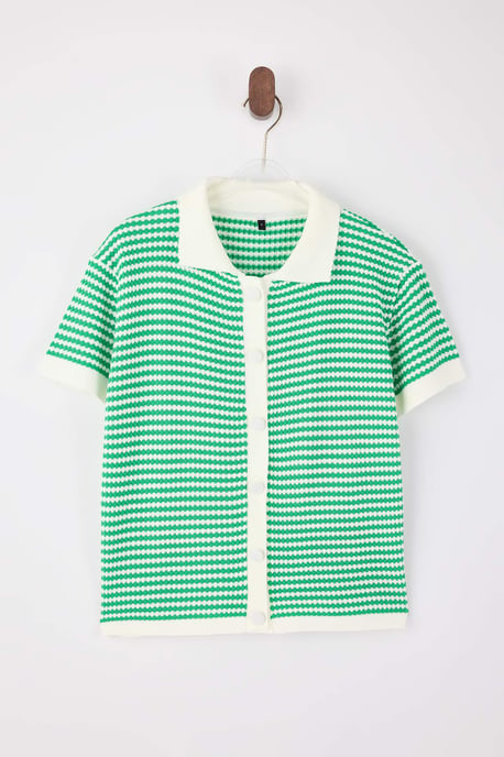 TRENDYOLMİLLA Damen Grün Gestreift Kurz Regular Fit Blusen - Image 4