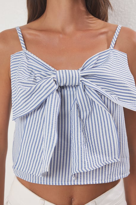 TRENDYOLMİLLA Damen Blau Gestreift Ärmellos Regular Fit Blusen - Image 2