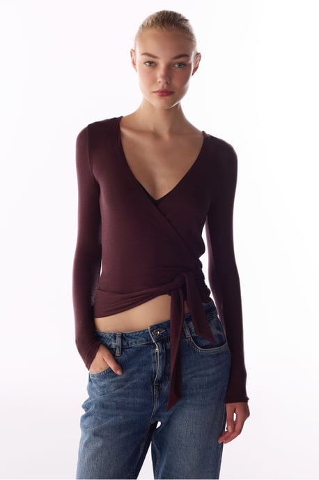 Kaschmir-Bluse mit langen Ärmeln und Wickeloptik - Image 1