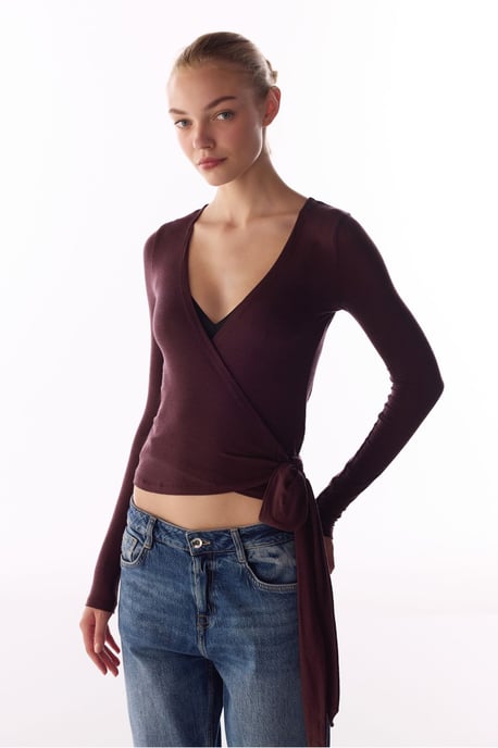Kaschmir-Bluse mit langen Ärmeln und Wickeloptik - Image 3