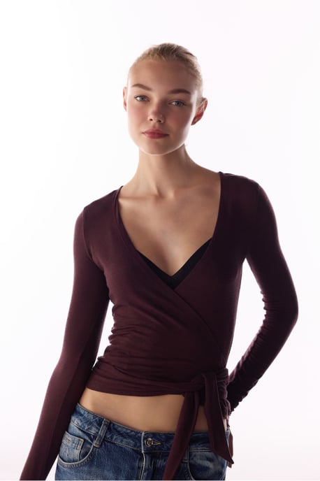 Kaschmir-Bluse mit langen Ärmeln und Wickeloptik - Image 4
