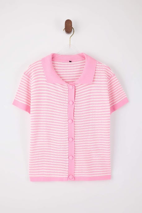 TRENDYOLMİLLA Damen Rosa Gestreift Kurz Regular Fit Blusen - Image 4