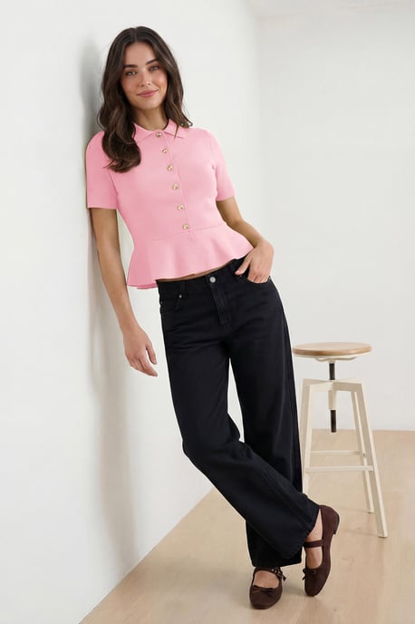TRENDYOLMİLLA Damen Rosa Einfarbig Kurz Tailliert Blusen - Image 5