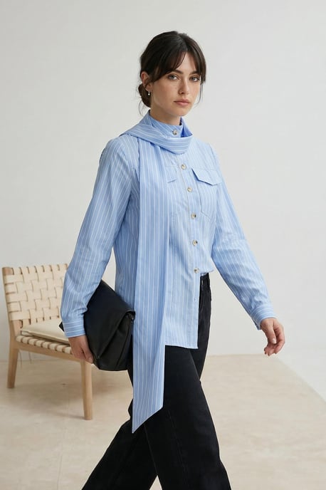 Trendyol Modest Damen Blau Gestreift Lang Regular Fit Modest Hemden - Image 6