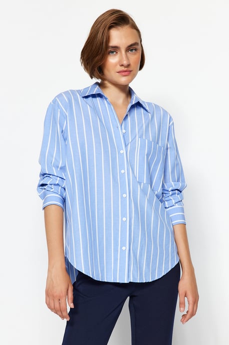 TRENDYOLMİLLA Damen Blau Gestreift Lang Oversize Hemden - Image 2