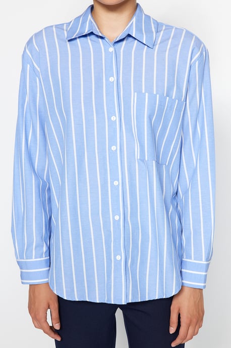 TRENDYOLMİLLA Damen Blau Gestreift Lang Oversize Hemden - Image 3