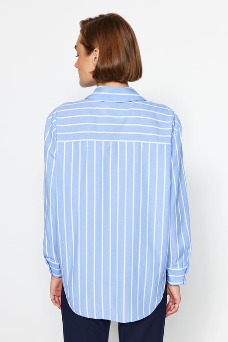 TRENDYOLMİLLA Damen Blau Gestreift Lang Oversize Hemden - Image 5