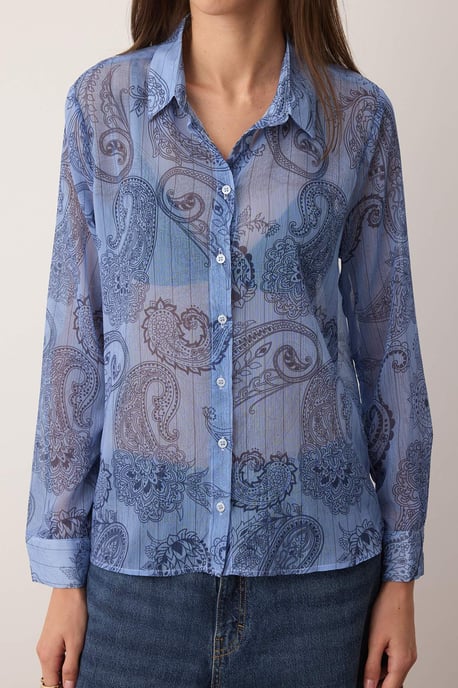 TRENDYOLMİLLA Damen Blau Paisley Lang Regular Fit Hemden - Image 2