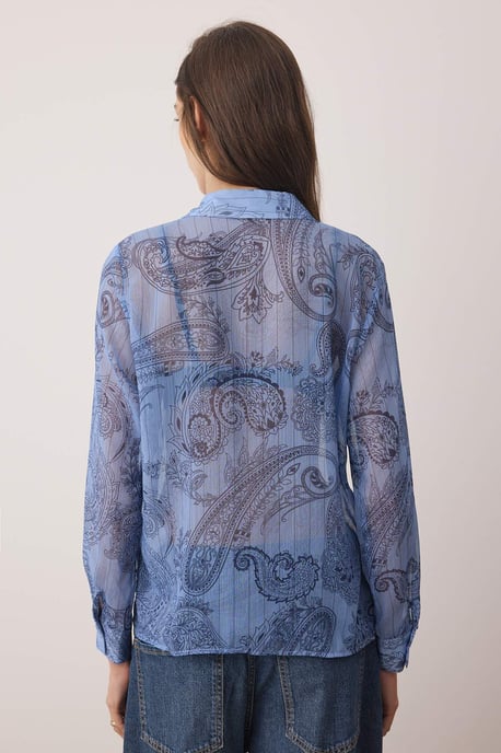 TRENDYOLMİLLA Damen Blau Paisley Lang Regular Fit Hemden - Image 3