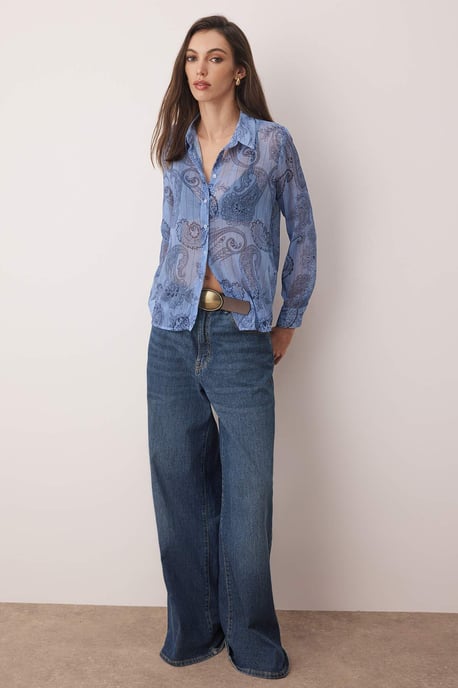 TRENDYOLMİLLA Damen Blau Paisley Lang Regular Fit Hemden - Image 4