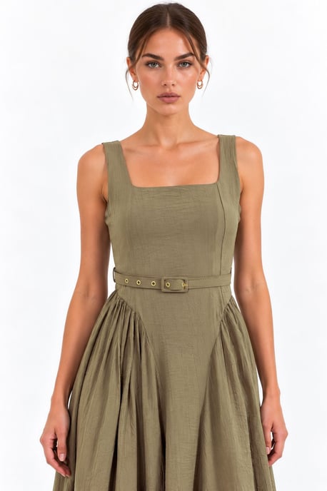 Kleid in Midi-Länge mit eckigem Ausschnitt und Gürtel - Image 3