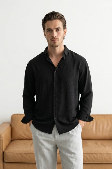 TRENDYOL MAN Herren Schwarz Einfarbig Lang Regular Fit Hemden - Image 3