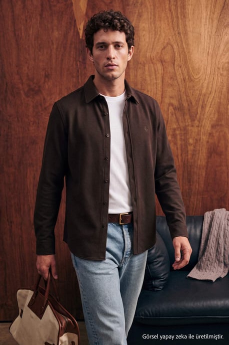 TRENDYOL MAN Herren Braun Einfarbig Lang Regular Fit Hemden - Image 2