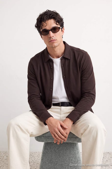 TRENDYOL MAN Herren Braun Einfarbig Lang Regular Fit Hemden - Image 4