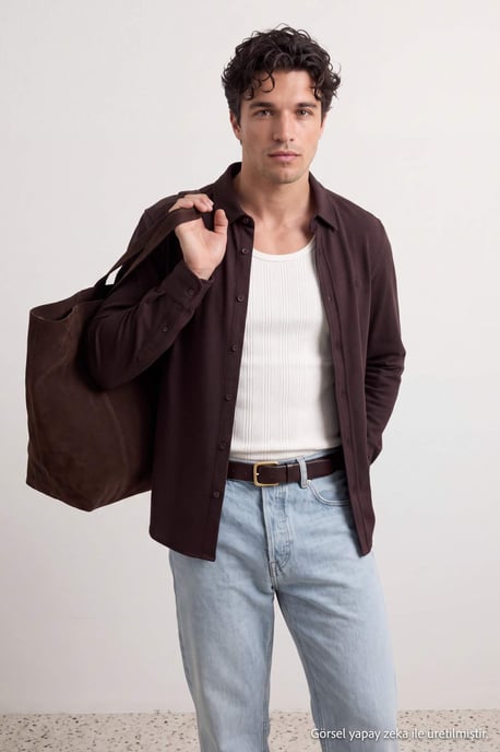 TRENDYOL MAN Herren Braun Einfarbig Lang Regular Fit Hemden - Image 5