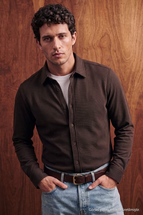 TRENDYOL MAN Herren Braun Einfarbig Lang Regular Fit Hemden - Image 6
