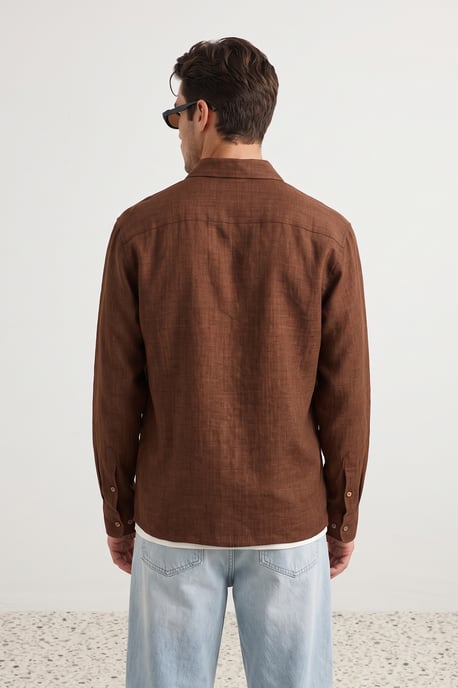 TRENDYOL MAN Herren Braun Einfarbig Lang Regular Fit Hemden - Image 3