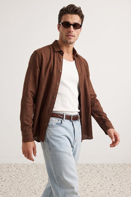 TRENDYOL MAN Herren Braun Einfarbig Lang Regular Fit Hemden - Image 6