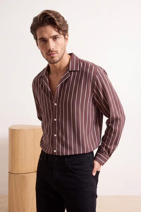 TRENDYOL MAN Herren Braun Gestreift Lang Oversize Hemden - Image 6