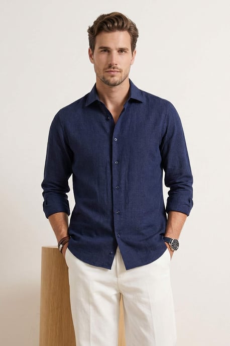 TRENDYOL MAN Herren Dunkelblau Einfarbig Lang Regular Fit Hemden - Image 6